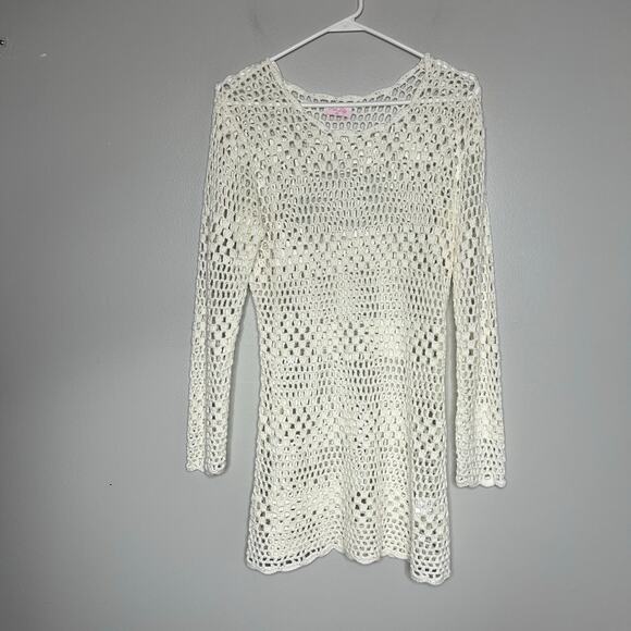 Women's White Crochet Knit Dress Cover-Up Long Sleeve Sz XL Beach Boho Festival - Picture 2 of 11